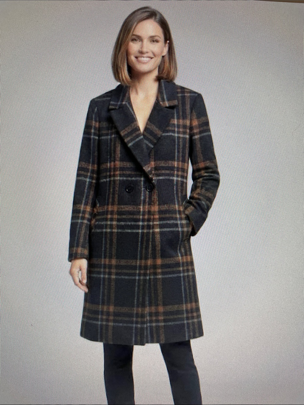 DKNY Plaid Black & Brown Plaid Wool-Blend Double-Breasted Coat
